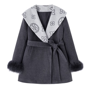 老钱风羽绒服女冬季2025新款高级感狐狸毛袖口白鸭绒内胆毛呢外套