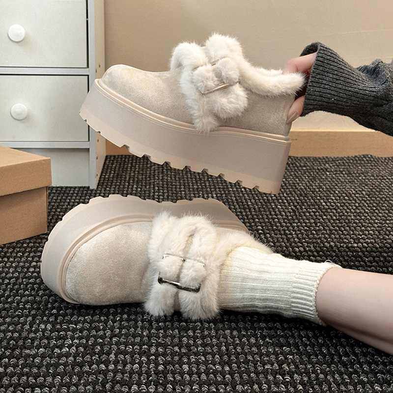 复古百搭拼接毛毛搭扣厚底增高勃肯鞋女2025冬新款加绒棉鞋雪地靴