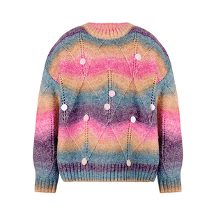 LittleNaive女童圆领毛衣冬季新款渐变线衣儿童镂空珠片针织衫