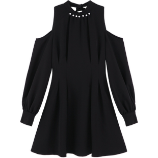 赫本风挂脖长袖连衣裙女早春季高级感气质露肩收腰黑色a字千金裙