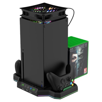 XBOXSeriesX主机散热多功能底座带RBG灯效+双手柄座充+卡碟收纳