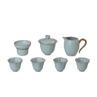 汝窑盖碗套装办公室功夫茶具整套景德镇仿古天青色陶瓷花满堂落香