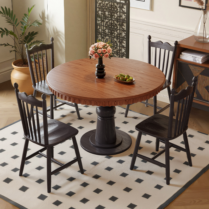 复古风白蜡木纹餐桌椅法式中古风实木圆桌家用小户型黑色美式圆形