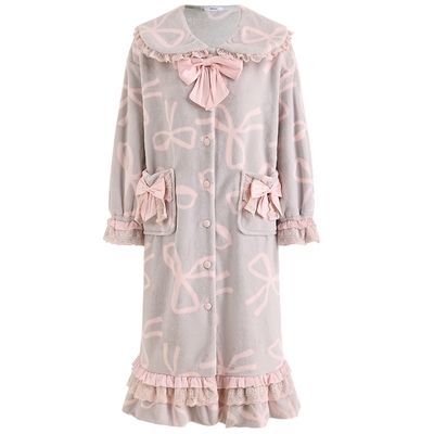 商场同款MYBODY冬季新款睡袍蕾丝娃娃领暖绒绒蝴蝶结家居服浴袍女