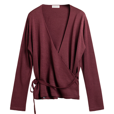 柞蚕丝V领针织围裹式开衫