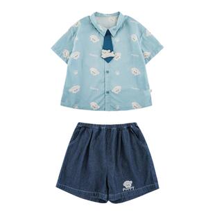 幼悠男童夏季新款卡通纯棉短袖衬衫休闲宽松牛仔短裤儿童潮酷童装