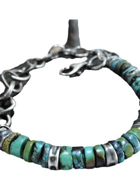 原石绿松石宝石925纯银中性手链