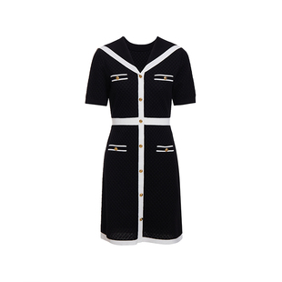 ochirly欧时力 珠片纱小香风针织连衣裙夏装海军领撞色