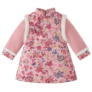 唐装女童加厚连衣裙儿童汉服冬装新年裙子国风红色童装宝宝旗袍冬