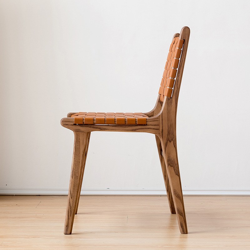 同频者日式马鞍皮网创意红椅子编织休闲餐椅轻复古奢实木靠背家用