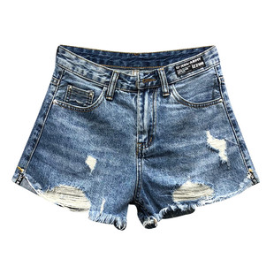 欧洲站2026春夏新款牛仔短裤女潮高腰显瘦破洞阔腿裤百搭毛边热裤