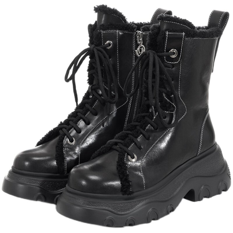 VITTORIO VENTURA薇薇燃女鞋 羊毛里保暖厚底增高绑带时装马丁靴