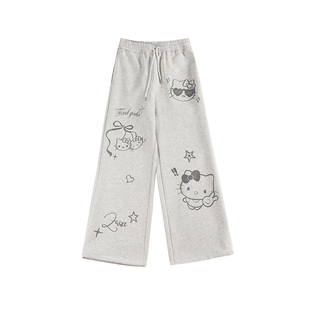 自然涩凯蒂猫印花灰色运动阔腿卫裤女春秋季慵懒松弛宽松休闲裤子