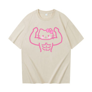 复古肌肉线条猫kitty趣味纯棉短袖t恤男女运动宽松搞笑衣粉色夏季