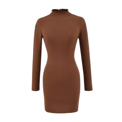 立领波浪长袖弹力修身针织连衣裙