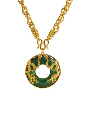 铜镀金双龙绿玉髓男士复古项链