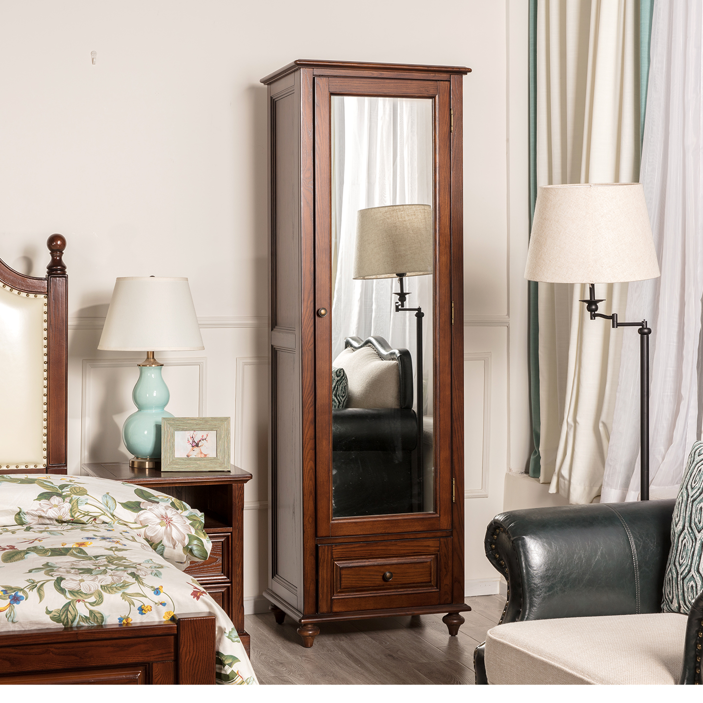 美式实木穿衣镜柜组合复古乡村全身试衣镜子落地镜卧室带衣帽柜