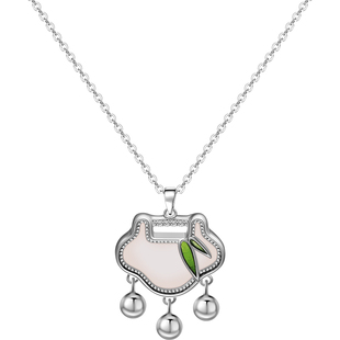 老银匠s925纯银如意平安锁项链女竹叶新中式中国风长命锁银锁骨链