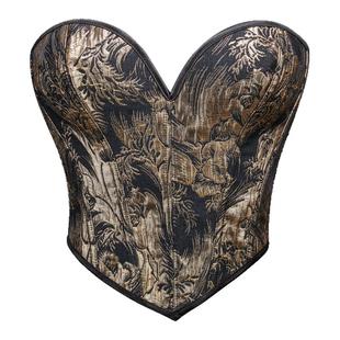 黑金色提花外穿鱼骨胸衣抹胸衣短款绑带收腰不规则打底内搭马面裙