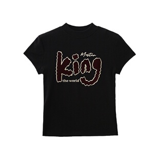 正肩t恤女小立领修身短款 植绒字母美式复古纯欲短袖新款打底上衣