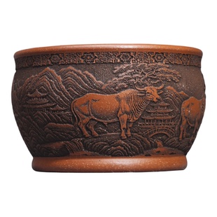 紫云堂  宜兴紫砂品茗杯原矿降坡泥刻绘五牛图主人杯茶碗精品茶杯