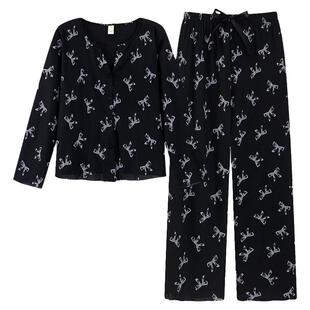 2026新款早秋黑色家居服长袖长裤满印蝴蝶结睡衣女款高级感两件套