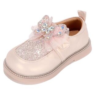 舞玛女童鞋子儿童水晶公主鞋2026新款春秋季小女孩软底蝴蝶结皮鞋