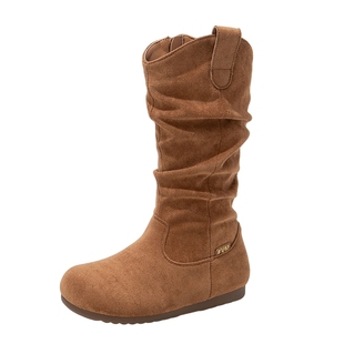 女童鞋子儿童马丁长筒靴子2025冬季新款加绒女孩二棉堆堆勃肯皮靴