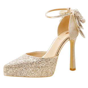 rosecastle金色蝴蝶结防水台厚底高跟鞋一字带不掉跟小个子婚鞋女