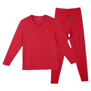 仕乐男V领发热保暖内衣套装薄款大码大红色本命年女秋衣秋裤蛇年