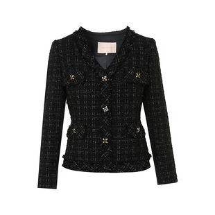 【秀场同款】朗姿/LIME莱茵CH*NEL黑金粗花呢套装上衣半裙新款