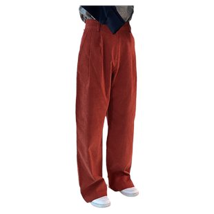 韩系灯芯绒阔腿裤女春季橘红色宽松大码直筒裤高腰条绒拖地长裤子