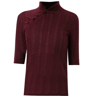 半领盘扣短款半袖可外穿打底衫内搭针织衫女钩花镂空春秋复古毛衣