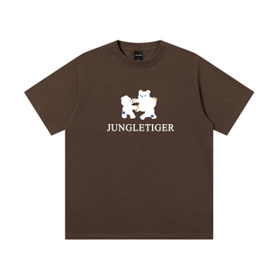 丛林老虎趣味创意＜小熊手拉手＞印花短袖街头重磅纯棉情侣t恤男