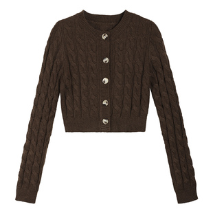 pusumede 里约慢调 麻花毛衣开衫女外穿短款圆领气质打底针织上衣