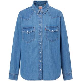 Levi's李维斯女士美式复古风贴袋做旧蓝色经典翻领开衫牛仔衬衫