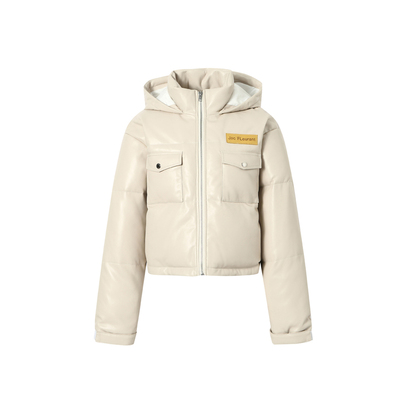 JAC FLEURANT2025秋冬新品米色皮面休闲女士连帽羽绒服百搭简约