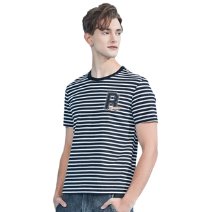 【清仓】古鲨短袖T恤男黑白条纹海军棉直筒透气休闲上衣夏装新款