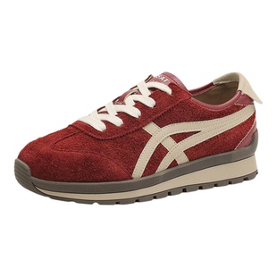 星期六复古真皮红色德训鞋女鞋春季新款牛皮厚底休闲运动鞋子