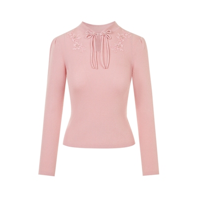 LIME莱茵新中式针织套头衫粉色新款秋冬盘扣镂空设计感优雅毛衣