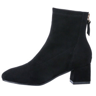 卡其色马丁靴女2025秋冬新款方头粗跟弹力显瘦瘦靴中跟绒面短靴女