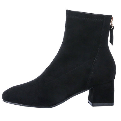 卡其色粗跟瘦瘦靴秋冬绒面短靴女