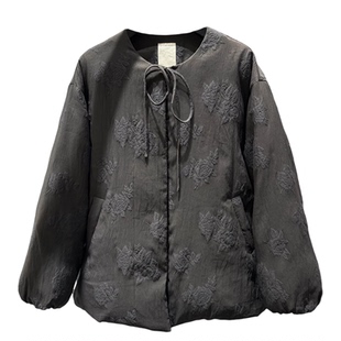 系带中式提花羽绒服女圆领刺绣宽松梨形休闲鹅绒外套修饰身形原创