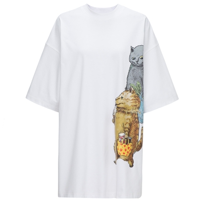 【双纱平纹】IIIVIVINIKO2025夏新款猫咪印花T恤连衣裙女