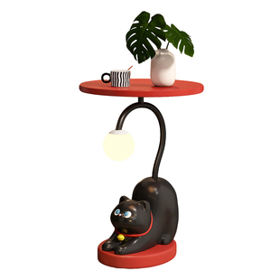 法式复古猫咪可爱创意边几带灯茶几设计感中古风客厅沙发旁置物架