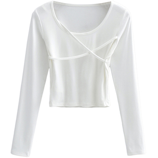 ZR/SHOP 纯欲辣妹风交叉绑带小心机长袖T恤女弹力修身别致上衣春