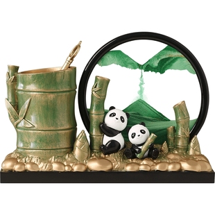 节节高升熊猫流沙画摆件高档笔筒生日办公室送老师文创新年礼物
