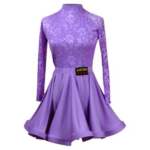 儿童女拉丁舞裙女童大童紫色连体训练春夏季新款蕾丝短袖比赛服