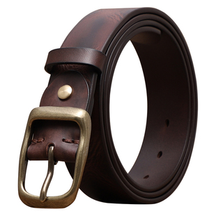 3.3cm窄款头层牛皮手工皮带男真皮铜扣针扣腰带男青年复古细皮带