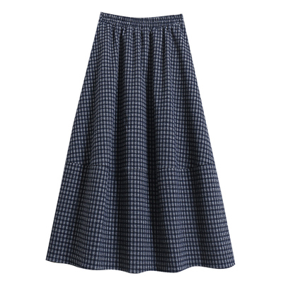 有口袋复古加厚毛呢格子半身裙